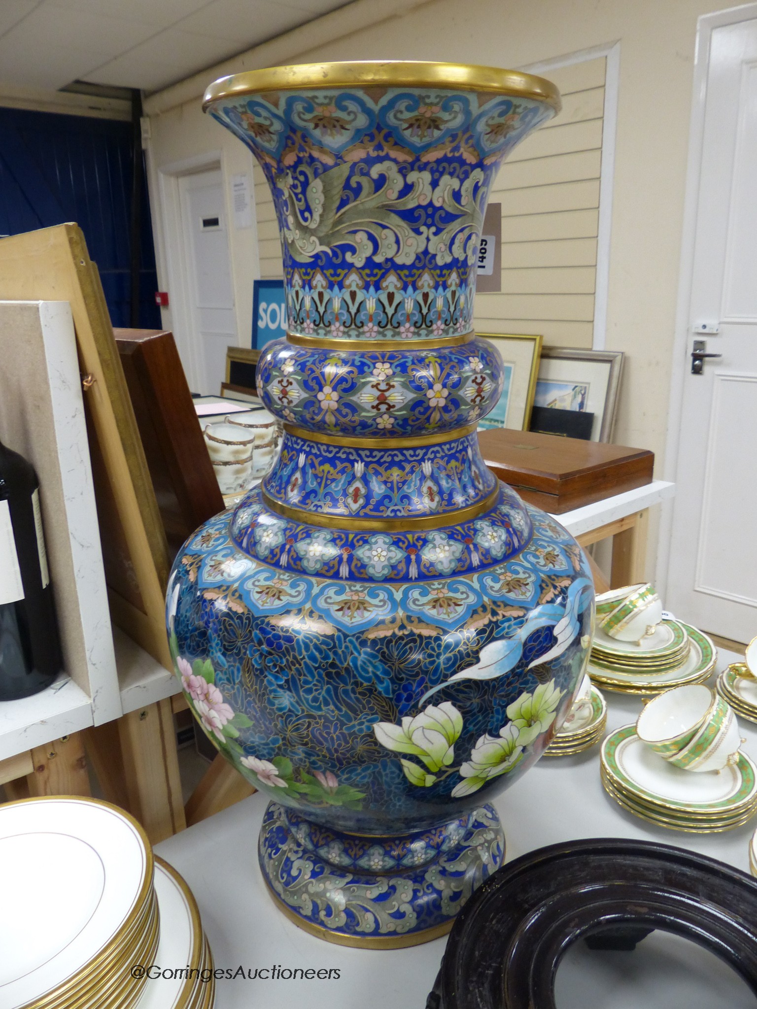 A large Chinese cloisonne enamel vase on stand, height 64cm excl. stand